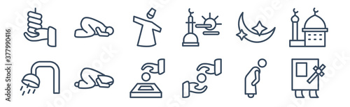 12 pack of icons. thin outline icons such as raya rosary, sadaqah, salah, star and crescent moon, sufi mystic, sujud posture for web and mobile apps, logo