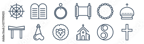 12 pack of icons. thin outline icons such as christianity, monastery, god, crown of thorns, bead, commandments for web and mobile apps, logo