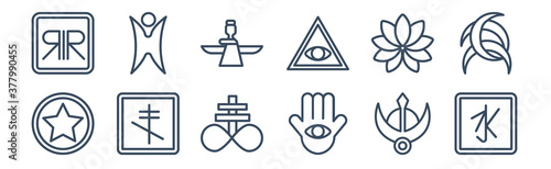12 pack of icons. thin outline icons such as confucianism, semitic neopaganism, orthodox, ayyavazhi, faravahar, humanism for web and mobile apps, logo