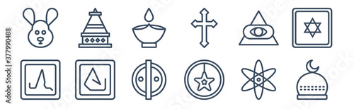 12 pack of icons. thin outline icons such as abrahamic, anglican, asceticism, cao dai, diwali, doi suthep for web and mobile apps, logo