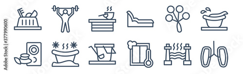 12 pack of icons. thin outline icons such as respiration, sauna temperature, snow paradise?, steam jet, turkish bath, vascular workout for web and mobile apps, logo