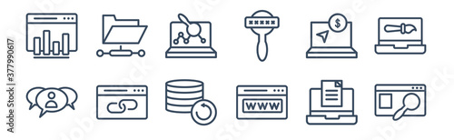 12 pack of icons. thin outline icons such as search engine, domain registration, link, pay per click, monitoring, sha folder for web and mobile apps, logo