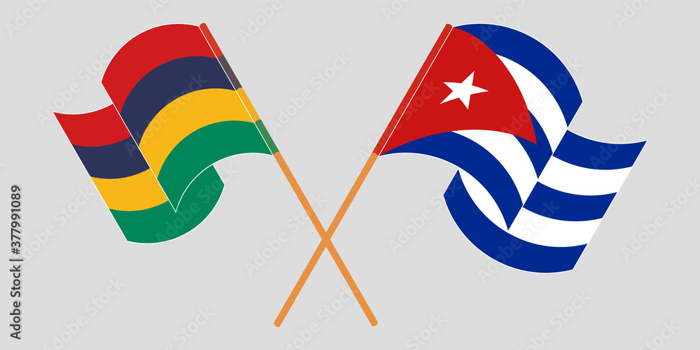 Crossed and waving flags of Mauritius and Cuba