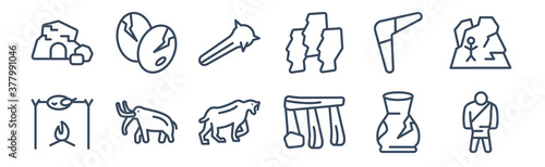 12 pack of icons. thin outline icons such as null, dolmen, mammoth, boomerang, cudgel, dinosaur egg for web and mobile apps, logo