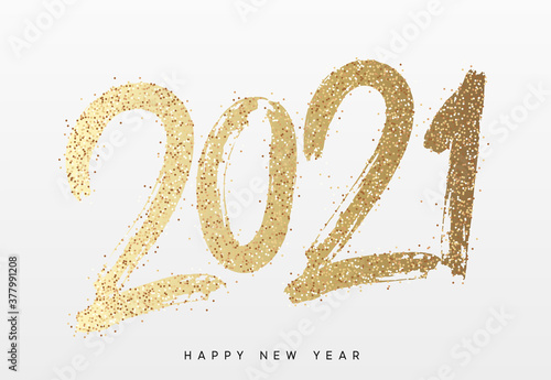 2021 Happy New Year. Text golden with bright sparkles. Handwritten calligraphy text lettering in paint and color gold. Festive design template, greeting card, poster, banner. Vector Illustration