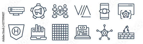 12 pack of icons. thin outline icons such as firewalls, front end, growth hacking, impressions, leading, marketing automation for web and mobile apps, logo