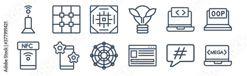12 pack of icons. thin outline icons such as meta elements, mood board, native apps, opening tag and closing tags, pixels per inch, raster images for web and mobile apps, logo