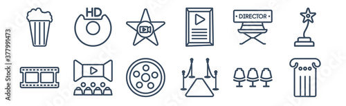 12 pack of icons. thin outline icons such as theatre pillar, carpet, movie theatre, film director, film star, hd dvd for web and mobile apps, logo