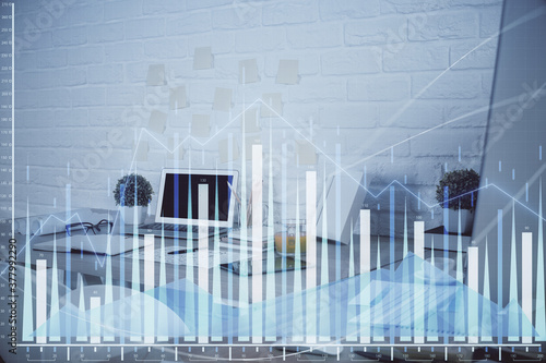 Multi exposure of stock market chart drawing and office interior background. Concept of financial analysis.