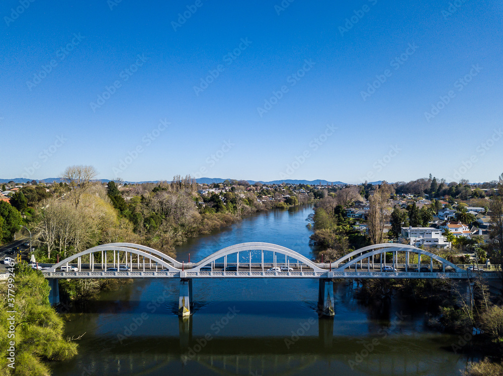 Aerial view looking North of the Fairfield Bridge over the Waikato River in Hamilton, New Zealand.