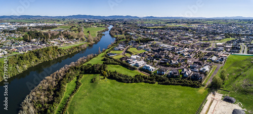 Aerial view of the Waikato River looking North towards Ngaruawahia in Hamilton, New Zealand