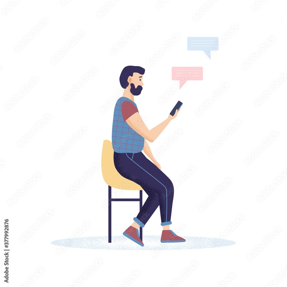 Men hipster with a beard holding smartphones chatting, texting and talking. Men hipster with a beard holding smartphones chatting, texting and talking.