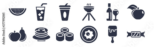 12 pack of black filled icons. glyph icons such as toffee, fried eggs, pancake, wine glass and bottle, cooking on the barbecue, plastic drinking cup, cold drink for web and mobile apps, logo