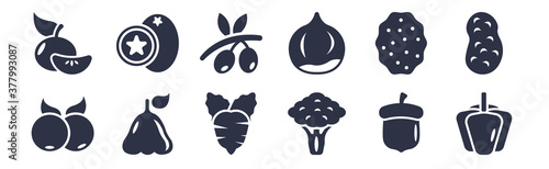 12 pack of black filled icons. glyph icons such as bell pepper, broccoli, rose apple, lychee, chestnut, olive, breast milk fruit for web and mobile apps, logo