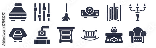12 pack of black filled icons. glyph icons such as comfortable, baby cot, chiller, folding screen, ceremonial, cleaned, fader for web and mobile apps, logo