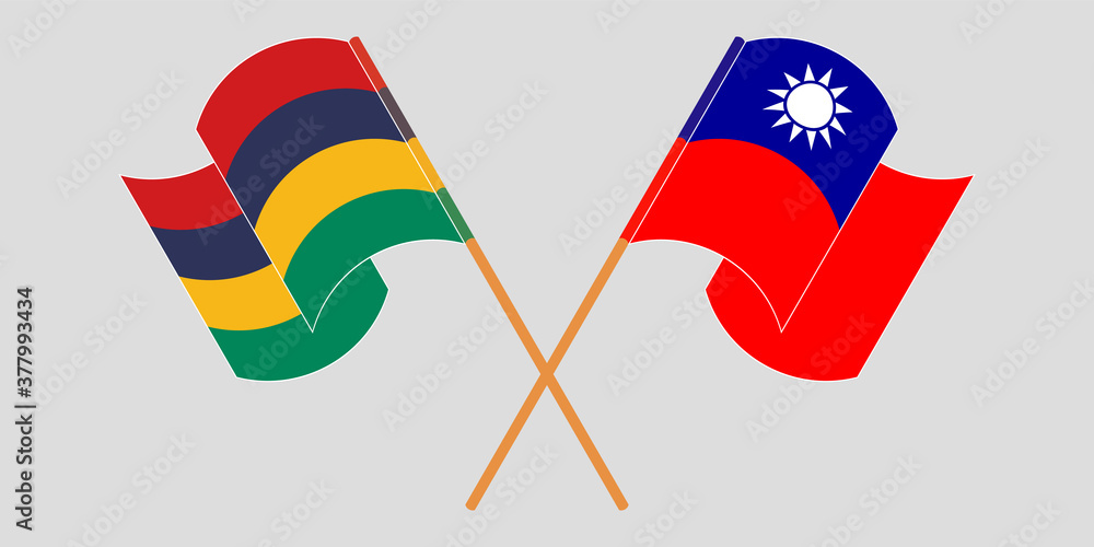 Crossed and waving flags of Mauritius and Taiwan