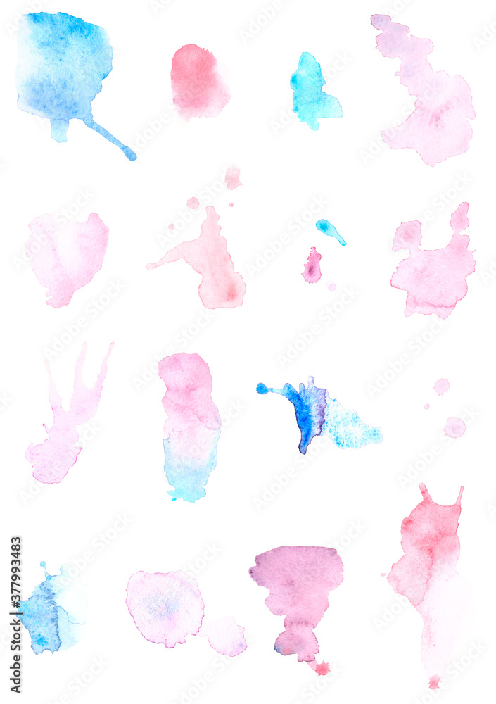 Set of abstract watercolor splashes and spots on white background