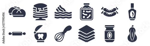 12 pack of black filled icons. glyph icons such as butternut squash, lasagne, floss, sausage, pickles, bacon, pancakes for web and mobile apps, logo