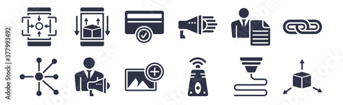 12 pack of black filled icons. glyph icons such as 3d modeling, active sensor, advertising agency, agent script, agitation, annual fee, ar app for web and mobile apps, logo
