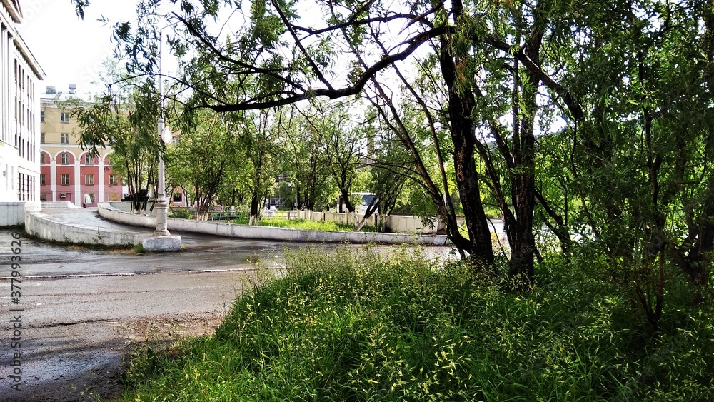 view of the mountain technical school and mining Institute Vorkuta city, summer season view of the mountain technical school and mining Institute Vorkuta city, summer season