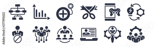 12 pack of black filled icons. glyph icons such as hr policies, hr software, hr strategy, in-game advertising, inauguration, inflate tire, info chart for web and mobile apps, logo