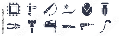 12 pack of black filled icons. glyph icons such as nail puller, stationery knife, sledgehammer, nuts, deckchair, history brush, brush history for web and mobile apps, logo