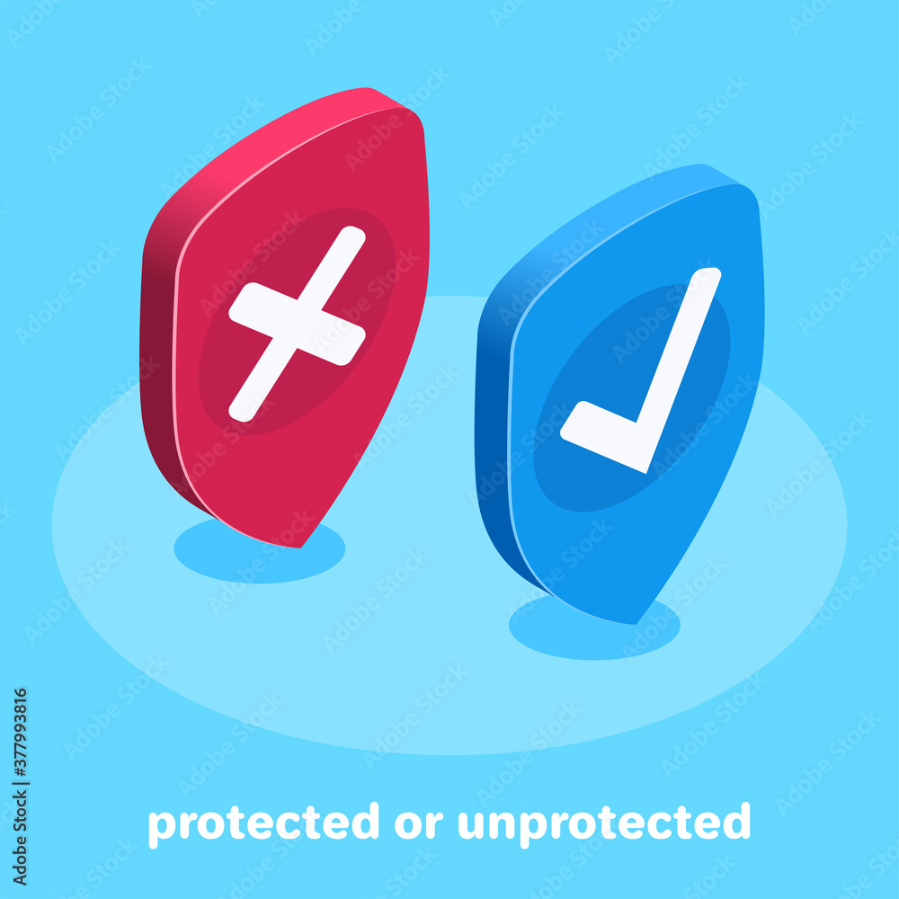 isometric vector image on light blue background, shield icon with cross and check mark, protected or unprotected isometric vector image on light blue background, shield icon with cross and check mark, protected or unprotected