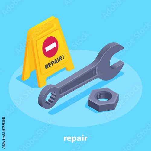 isometric vector image on light blue background, yellow floor plate and wrench with nut, repair warning