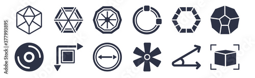 12 pack of black filled icons. glyph icons such as 3d cube, asterisk, dimensions, double hexagon of small triangles, ellipse, ennegon, hexahedron for web and mobile apps, logo