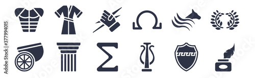 12 pack of black filled icons. glyph icons such as ink and quill, psi, pillar, pegasus, omega, zeus, robe for web and mobile apps, logo