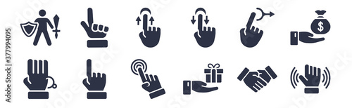 12 pack of black filled icons. glyph icons such as greetings, charity donation, dubious, drag right, drag down, drag up, deaf for web and mobile apps, logo