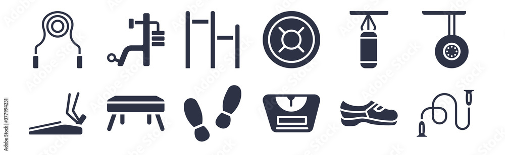 12 pack of black filled icons. glyph icons such as jumping rope, weight scale, buck, punching ball, weight plates, gym bars, gym station for web and mobile apps, logo 12 pack of black filled icons. glyph icons such as jumping rope, weight scale, buck, punching ball, weight plates, gym bars, gym station for web and mobile apps, logo
