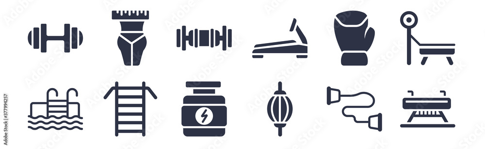 12 pack of black filled icons. glyph icons such as vaulting horse, stretching punching ball, swedish wall, training gloves, treadmill machine, triceps bar, waist for web and mobile apps, logo 12 pack of black filled icons. glyph icons such as vaulting horse, stretching punching ball, swedish wall, training gloves, treadmill machine, triceps bar, waist for web and mobile apps, logo