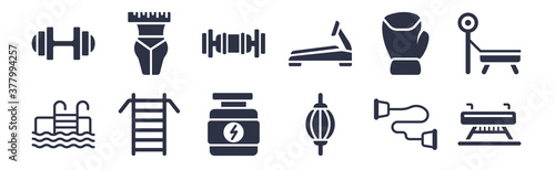 12 pack of black filled icons. glyph icons such as vaulting horse, stretching punching ball, swedish wall, training gloves, treadmill machine, triceps bar, waist for web and mobile apps, logo
