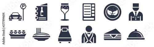 12 pack of black filled icons. glyph icons such as restaurant tray, servant, spaghetti, vegetarian, vending machine, wine glass, wine menu for web and mobile apps, logo
