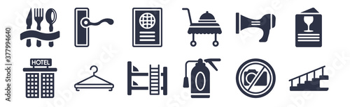 12 pack of black filled icons. glyph icons such as stairway, fire extinguisher, hanger, hairdryer, room service, passport, doorknob for web and mobile apps, logo