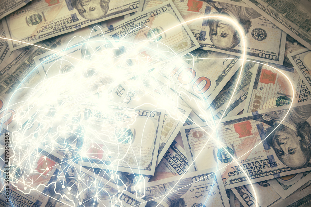 Multi exposure of business theme drawing over us dollars bill background. Concept of financial success. Multi exposure of business theme drawing over us dollars bill background. Concept of financial success.