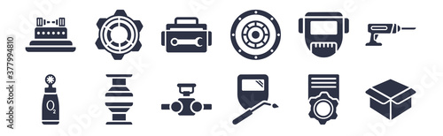 12 pack of black filled icons. glyph icons such as product, welding, press, weld, industrial tread, tool box, stats for web and mobile apps, logo