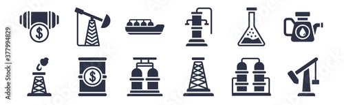 12 pack of black filled icons. glyph icons such as pump jack, oil rig, oil price, chemical, hand pump, oil tanker, pumps for web and mobile apps, logo
