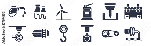 12 pack of black filled icons. glyph icons such as sewage, piston, oil tank, crusher, electronic print machine, eco windmill, geothermal for web and mobile apps, logo