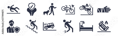12 pack of black filled icons. glyph icons such as accident, fall accident, falling from stairs, motorcycle accident, becycle bite, dental insurance for web and mobile apps, logo