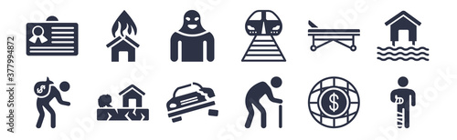 12 pack of black filled icons. glyph icons such as wounded, elderly, earthquake, hospital bed, transport, terrorist, disaster for web and mobile apps, logo