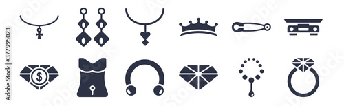 12 pack of black filled icons. glyph icons such as engagement, jewelry, belly piercing, brooch, tiara, locket, earring for web and mobile apps, logo