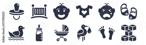 12 pack of black filled icons. glyph icons such as cubes, stork, feeding bottle, baby crying, baby clothes, baby boy, cradle for web and mobile apps, logo