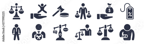 12 pack of black filled icons. glyph icons such as accident and injuries, advocate, attorney, bribery, business law, case closed, child custody for web and mobile apps, logo