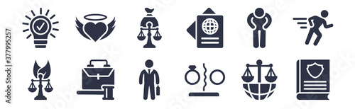 12 pack of black filled icons. glyph icons such as custody, divorce, employment law, guilty, immigration, inheritance law, innocent for web and mobile apps, logo