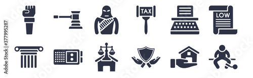12 pack of black filled icons. glyph icons such as prisioner, qualified protection, recorder, stenographer, tax law, terrorism, veict for web and mobile apps, logo
