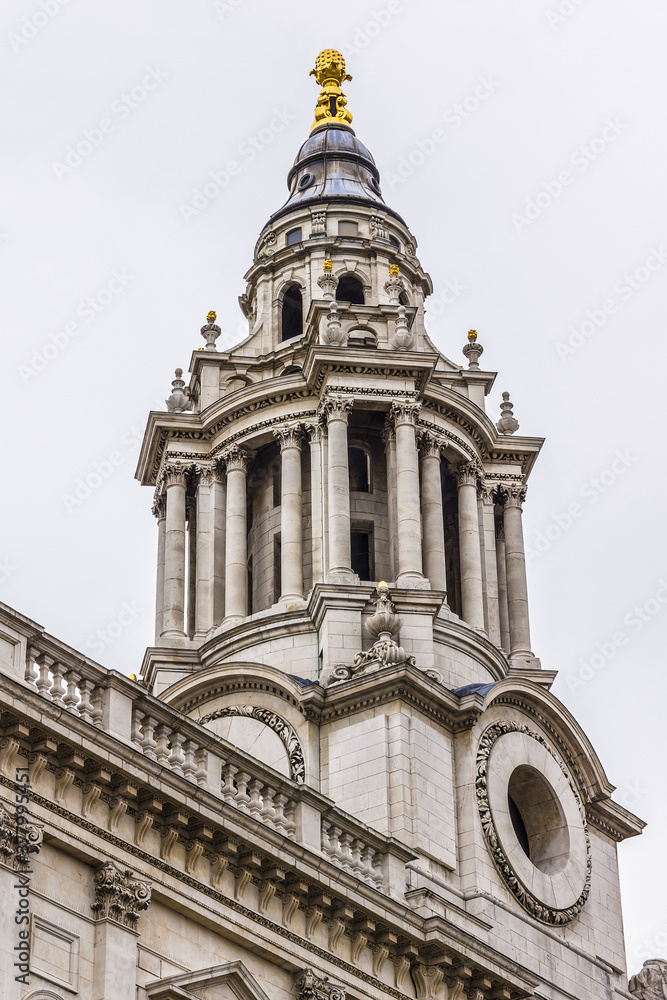 Architectural fragments of Magnificent St. Paul Cathedral (1675 - 1711) in London. St. Paul Cathedral sits at top of Ludgate Hill - highest point in City of London. UK.
