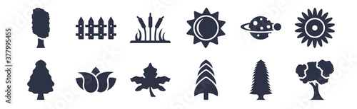 12 pack of black filled icons. glyph icons such as shadbush tree, white spruce tree, flower, planet with satellite, sol, reed bed, fences for web and mobile apps, logo