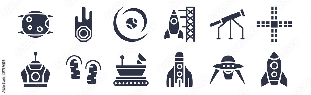 12 pack of black filled icons. glyph icons such as space rocket, space shuttle, foortprints on the moon, big telescope, spaceport, galaxy, meteorites for web and mobile apps, logo 12 pack of black filled icons. glyph icons such as space rocket, space shuttle, foortprints on the moon, big telescope, spaceport, galaxy, meteorites for web and mobile apps, logo